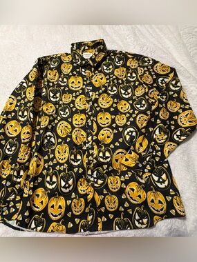 TuneVuse Mens's XXL Halloween Pumpkin Print Long Sleeve Casual Button Down Shirt